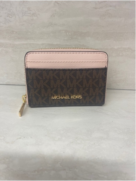 Michael Kors Handbags - Michael Kors Small Zip Around Card Case Brown Logo Powder Blush
